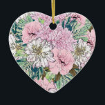 Ornamento De Cerâmica Brilhante, Brilhante, Rosa e Branco Ilustração Flo<br><div class="desc">Uma ilustração romântica, elegante, rosa claro, pincel, flores brancas, folhagem castanha, e folhas verdes e lacrimogêneas, com dahlias, peônias e flores botânicas rosas, rosas claro, pincel, cor rosa suave e pastel branca, sobre um fundo verde de cor verde-menta sólida. Esta tristeza sonhadora e caprichosa, que sente flores florescentes, trabalho de...</div>