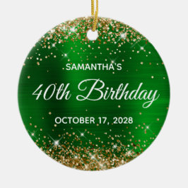 Ornamento De Cerâmica Brilho Dourado Esmeralda Verde Folha 40º Aniversár