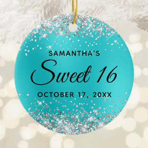 Ornamento De Cerâmica Brilho Prateado Azul Turquesa Glam Sweet 16