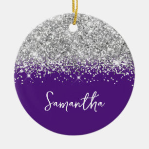 Ornamento De Cerâmica Brilho Prateado e Nome Glamour Roxo Real