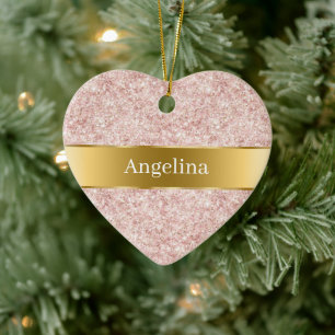 Ornamento De Cerâmica Brilho Rosa Glitter Faísca Fita Dourada Natal