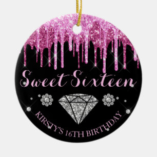 Ornamento De Cerâmica Brilho Rosa Quente Drip Diamante Doze Aniversário