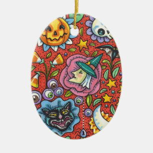 ORNAMENTO DE CERÂMICA BRINCADEIRA, GATO, FANTASMA, COLORIDA HALLOWEEN FO