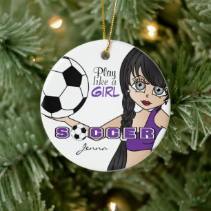Ornamento De Cerâmica Brincar Como Uma Garota Futebol Roxo