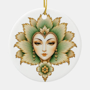 Ornamento De Cerâmica Brincos Esmeralda & Ouro Lady Flower Lótus Persa