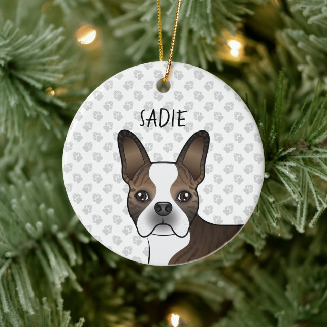 Ornamento De Cerâmica Brindle Boston Terrier Dog Head & Custom Name (Árvore)