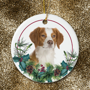 Ornamento De Cerâmica Brittany Dog Evergreen Wreath