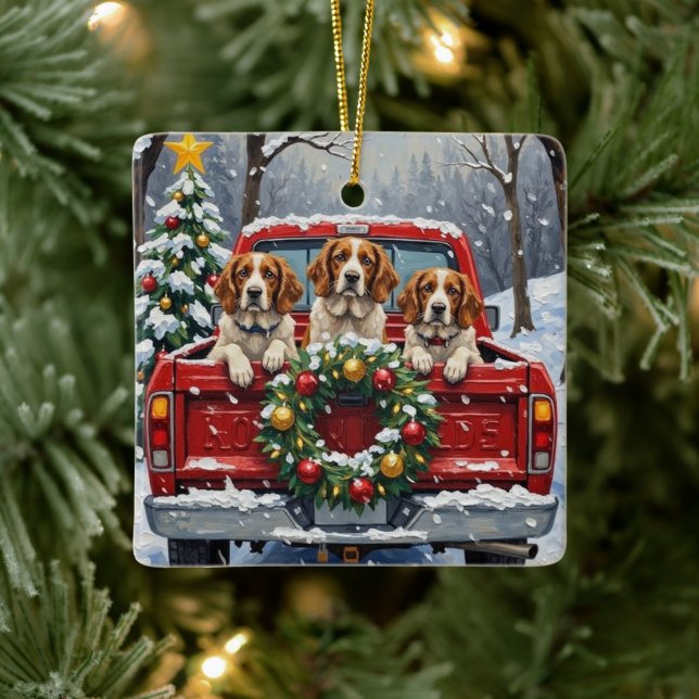 Ornamento De Cerâmica Brittany Spaniel Christmas Red Truck Holiday (Árvore)