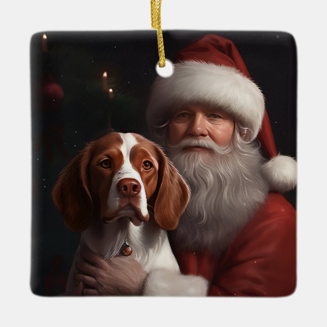 Ornamento De Cerâmica Brittany Spaniel Com Papai Noel Natal (Frente)