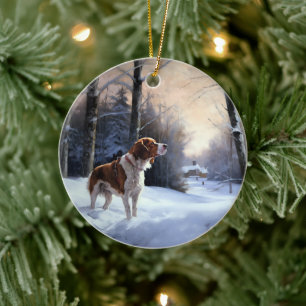 Ornamento De Cerâmica Brittany Spaniel Deixa-o nevar o Natal