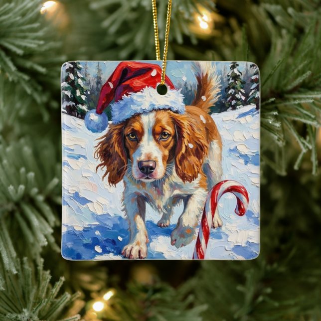 Ornamento De Cerâmica Brittany Spaniel Dog Pointing at Christmas Candy (Árvore)