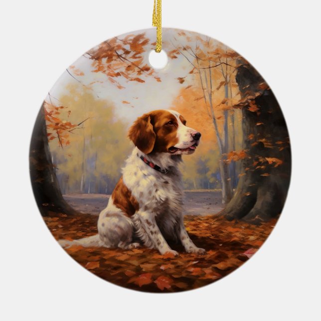 Ornamento De Cerâmica Brittany Spaniel no outono deixa cair inspiração (Traseira)