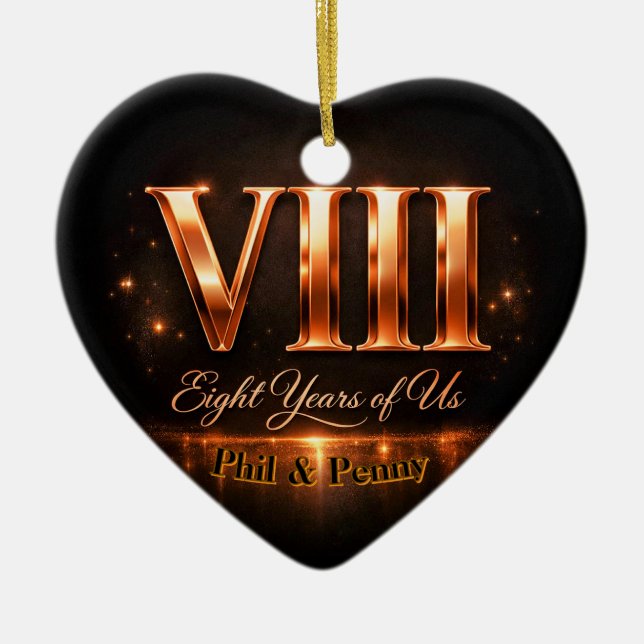 Ornamento De Cerâmica Bronze 8th Anniversary Heart-Shape Custom Ornament (Frente)