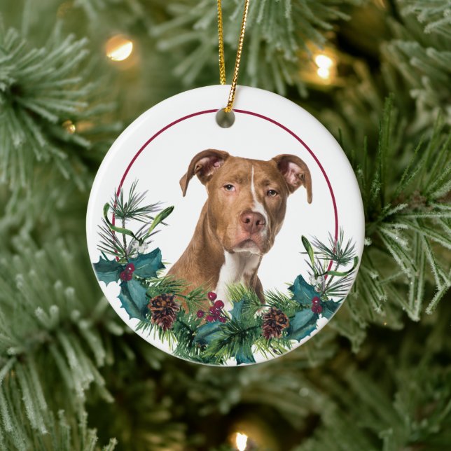 Ornamento De Cerâmica Brown American Pit Bull Cão Evergreen Wreath (Árvore)