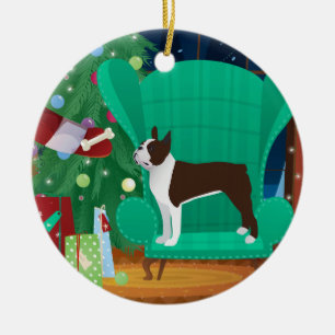 Ornamento De Cerâmica Brown Boston Terrier e Gift de Papais noeis