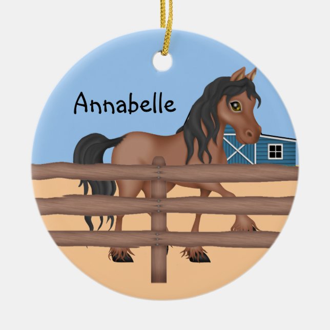 Ornamento De Cerâmica Brown e cavalo preto em uma fazenda (Frente)