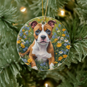 Ornamento De Cerâmica Brown E White Staffordshire Bull Terrier Puppy,