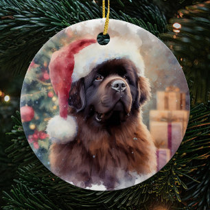 Ornamento De Cerâmica Brown Newfoundland Dog Santa Hat Natal