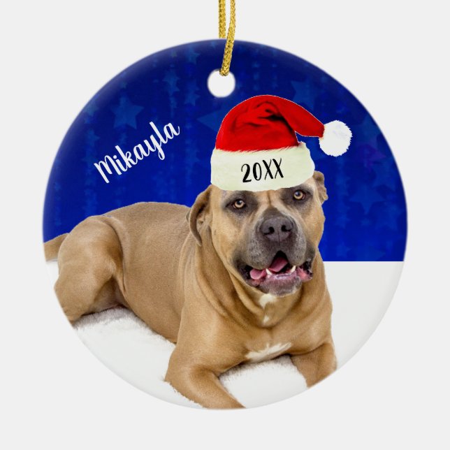 Ornamento De Cerâmica Brown Pit Bull com Natal (Frente)
