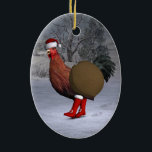 Ornamento De Cerâmica Brown Rooster Santa Claus<br><div class="desc">o pai natal ganhou uma galinha bonitinha como ajudante este ano - alegremente marchando com botas vermelhas e chapéu através da neve no inverno</div>