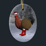 Ornamento De Cerâmica Brown Rooster Santa Claus<br><div class="desc">o pai natal ganhou uma galinha bonitinha como ajudante este ano - alegremente marchando com botas vermelhas e chapéu através da neve no inverno</div>