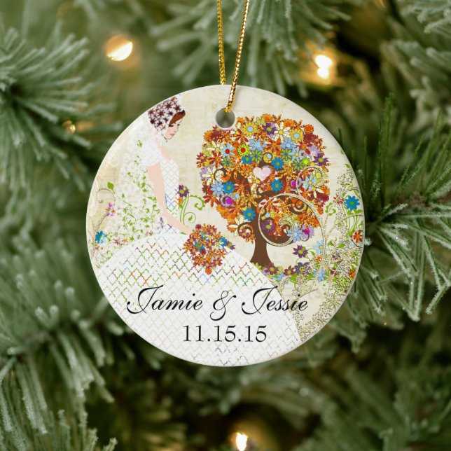 Ornamento De Cerâmica Brunette Birdesmaid oferece árvore floral (Árvore)