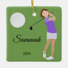 Ornamento De Cerâmica Brunette de Cabelo Curto da Garota Golf