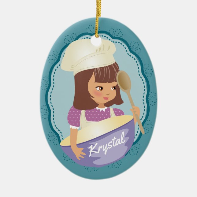 Ornamento De Cerâmica Brunette Girl chef baker personalizado no Natal (Frente)