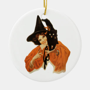 Ornamento De Cerâmica Bruxa Bonita Vintage com Gato Preto no Ombro