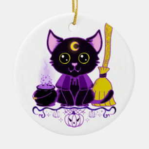 Ornamento De Cerâmica Bruxa de Gato Preto de Halloween Fofo