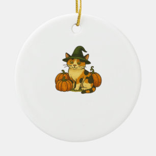 Ornamento De Cerâmica Bruxa de Gato Tricolor com Abóboras Design de Hall