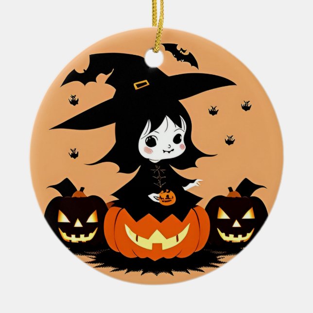 Ornamento De Cerâmica Bruxa de Halloween com Abóboras (Frente)