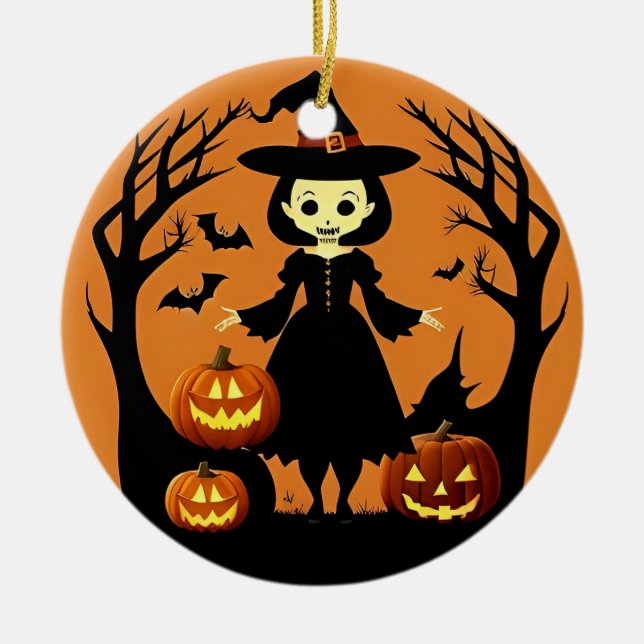 Ornamento De Cerâmica Bruxa de Halloween com Abóboras em Cenário Assusta (Frente)