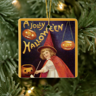 Ornamento De Cerâmica Bruxa de Halloween Jolly Vintage por Ellen Clapsad