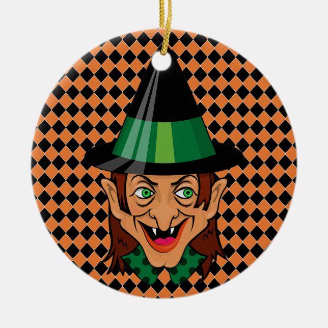 Ornamento De Cerâmica Bruxa de Halloween Vintage (Frente)