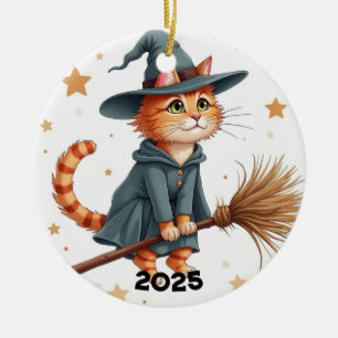 Ornamento De Cerâmica Bruxa Laranja Gato