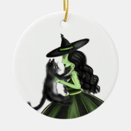 Ornamento De Cerâmica Bruxa Verde com Gato Preto Peludo