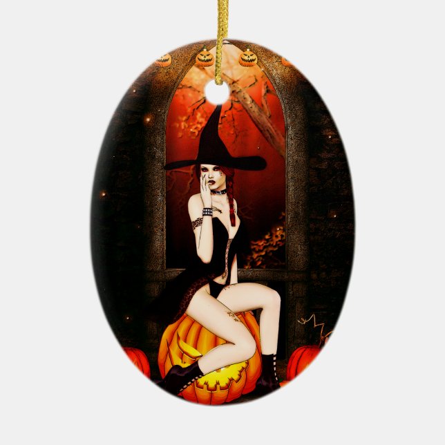 Ornamento De Cerâmica Bruxas de Halloween e abóboras (Frente)