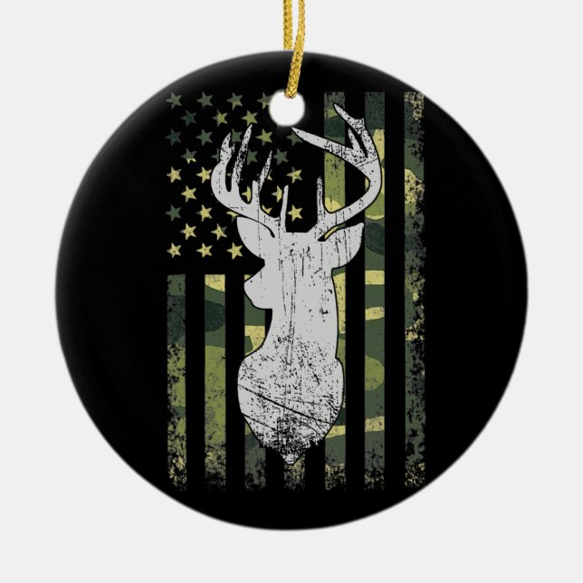 Ornamento De Cerâmica Buck Deer Hunting American Camouflage USA Flag (Frente)