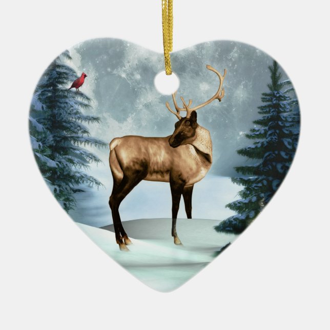 Ornamento De Cerâmica Buck Deer Winter Scene Heart Ornament (Frente)