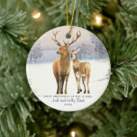 Ornamento De Cerâmica Buck & Doe First Christmas Mr & Mrs Personalized<br><div class="desc">Featuring stunning hand-painted buck and doe, and your information on the front with your own photo personalized on the back. A wedding ornament makes the perfect gift to mark the first Christmas a newlywed spends together. The wedding ornament from your first Christmas will hang on your Christmas tree each year...</div>