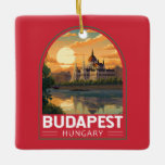 Ornamento De Cerâmica Budapest Hungary Viagem Art Vintage<br><div class="desc">Design de viagem de vetor retrô de Budapeste em estilo emblema. Budapeste,  capital da Hungria,  é bissecada pelo rio Danúbio. Sua Ponte em Cadeia do século XIX conecta o distrito de Hilly Buda com Pest plano.</div>
