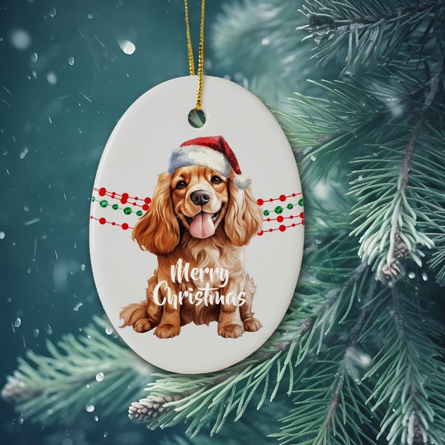 Ornamento De Cerâmica Buff Cocker Spaniel Santa Hat Holiday Miçangas (Criador carregado)