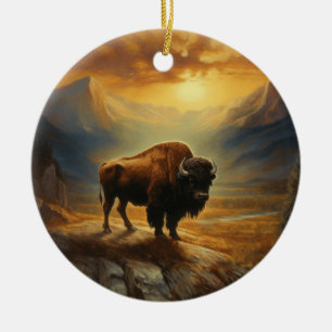 Ornamento De Cerâmica Buffalo Bison Sunset Silhouette