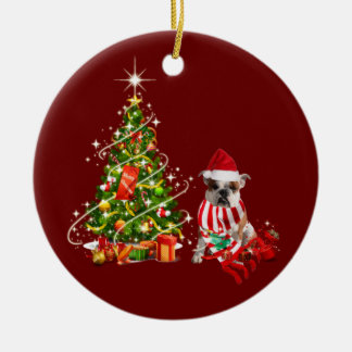 Ornamento De Cerâmica Buldogue com o Natal do Hat Scaft