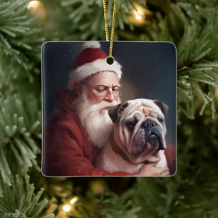 Ornamento De Cerâmica Buldogue com Papai Noel Natal Festivo
