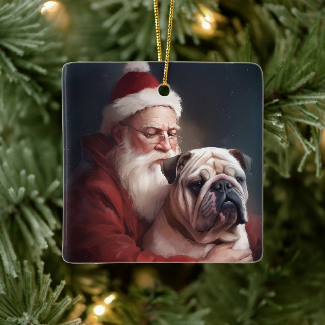 Ornamento De Cerâmica Buldogue com Papai Noel Natal Festivo (Árvore)