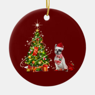 Ornamento De Cerâmica buldogue francês com chapéu de Natal
