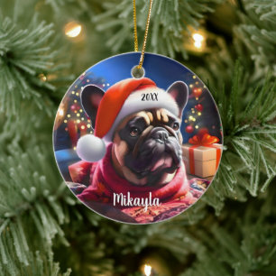 Ornamento De Cerâmica Buldogue francês com Natal