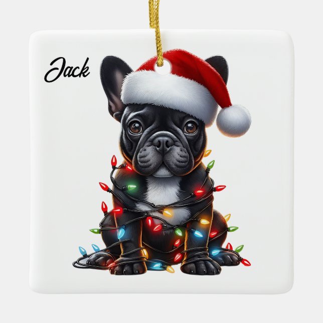 Ornamento De Cerâmica Buldogue Francês de Natal Personalizado com Papai  (Frente)